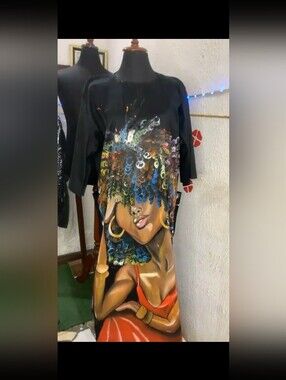 Hand Painted Kaftan. Black Graphic Dress with Colorful. Woman Afro Portrait